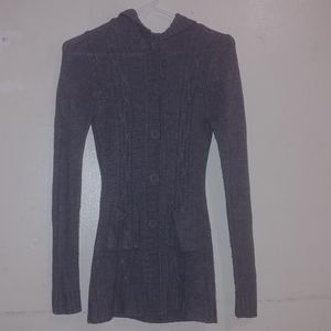 Grey, knit cardigan with hoodie.